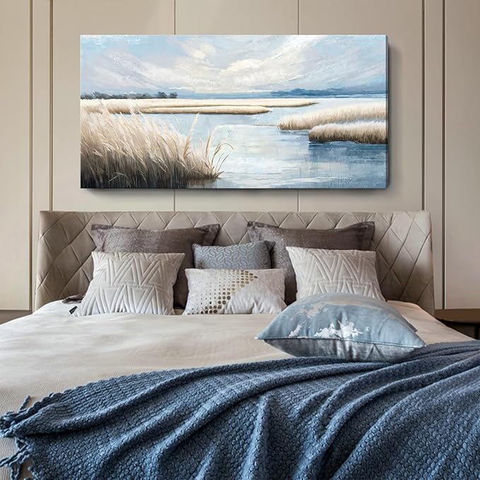 amatop Extra Large Coastal Marsh Landscape Wall Art – Neutral Blue Beige Wetland Canvas Print for Bedroom Living Room Office – Serene Nature Wall Decor,Oversized Ocean Artwork for Home Decoration-Ruum Studio Home