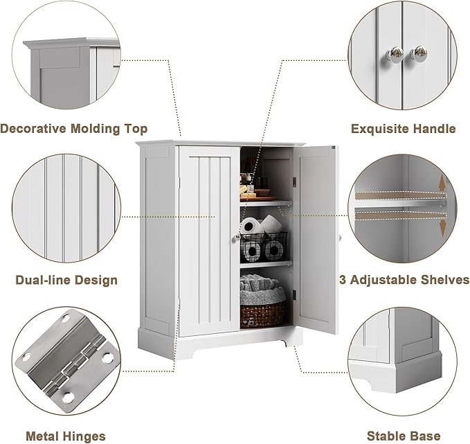 ChooChoo Bathroom Floor Cabinet, Modern Bathroom Storage Cabinet with 2 Doors and Adjustable Shelves, Freestanding Cupboard for Living Room, White-Ruum Studio Home