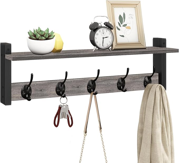 Homode Wall Hooks With Shelf, 24 Inch Coat Rack Wall Mount for Entryway, Clothes, Backpack, Key, Purse - Floating Shelf Hanging in Bathroom, Bedroom, Hallway, Rustic Grey-Ruum Studio Home