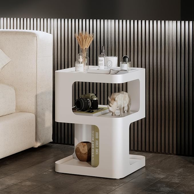 Modern Side Table,White end Table,Unique nightstand,Bedside Table,Metal 3-Tier Night Stand with Storage,Accent Side Table for Couch,Bedroom,Living Room.No Assembly Required.-Ruum Studio Home