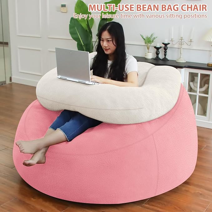 HABUTWAY Bean Bag Chair with U-Shaped Pillow for Adult and Kids Big BeanBag Chair with Filling Ultra Soft Teddy Fleece Couch Chair with Washable Cover for Living Room Bedroom Office, Beige-Light Pink-Ruum Studio Home