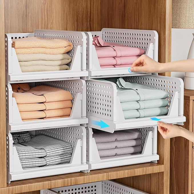 SNSLXH 5 Pack Stackable Closet Storage Basket, Multifunctional & Foldable Closet Organizer for Bathroom Kitchen Laundry Room Wardrobe Storage, Space-Saving Clothes Storage Drawer Organizer, White-Ruum Studio Home