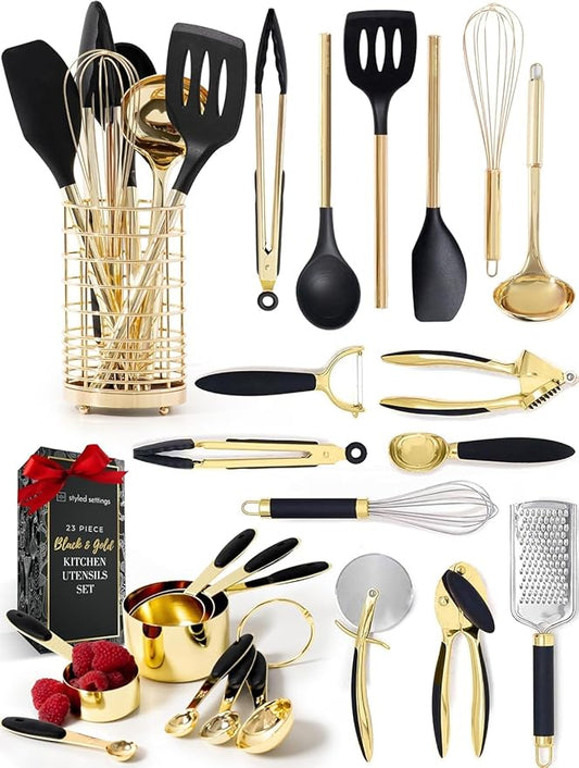 Black and Gold Kitchen Utensils Set - 23-Piece Luxury Kitchen Accessories Includes Gold Measuring Cups, Spoons, Silicone Cooking Utensils and Tools for Baking, Cooking, and Stylish Kitchen Decor-Ruum Studio Home