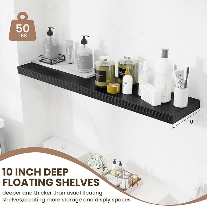 Fun Memories 10 Inch Deep Shelves, Floating Shelves for Wall 48 Inches Long, Wood Floating Shelves for Wall, Large Storage Shelves Wall Mount for Living Room Bedroom, Black, Set of 1-Ruum Studio Home