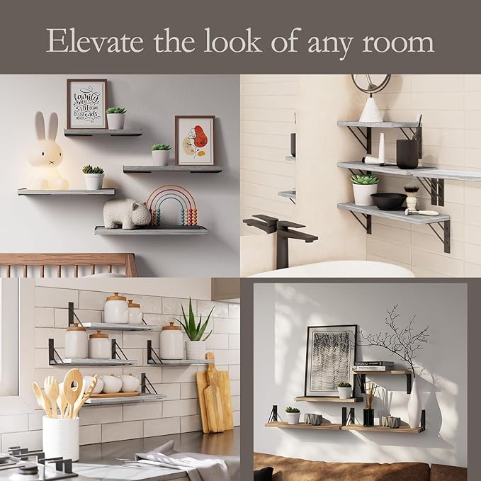BAYKA Wall Shelves for Bedroom Decor, Floating Wall Shelves for Living Room Kitchen Storage, Wall Mounted Rustic Wood Floating Shelves for Kids Books, Corner Shelf for Bathroom(Gray White，Set of 4)-Ruum Studio Home