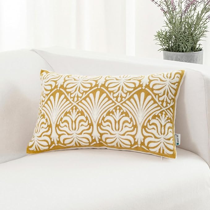 HWY 50 Mustard Yellow Decorative Lumbar Pillow Cover Rectangle 12x20 Inch (1 Piece), Embroidered Cotton Farmhouse Cushion Cover Pillow Case for Sofa Couch Living Room Bed, Minimalist Floral-Ruum Studio Home