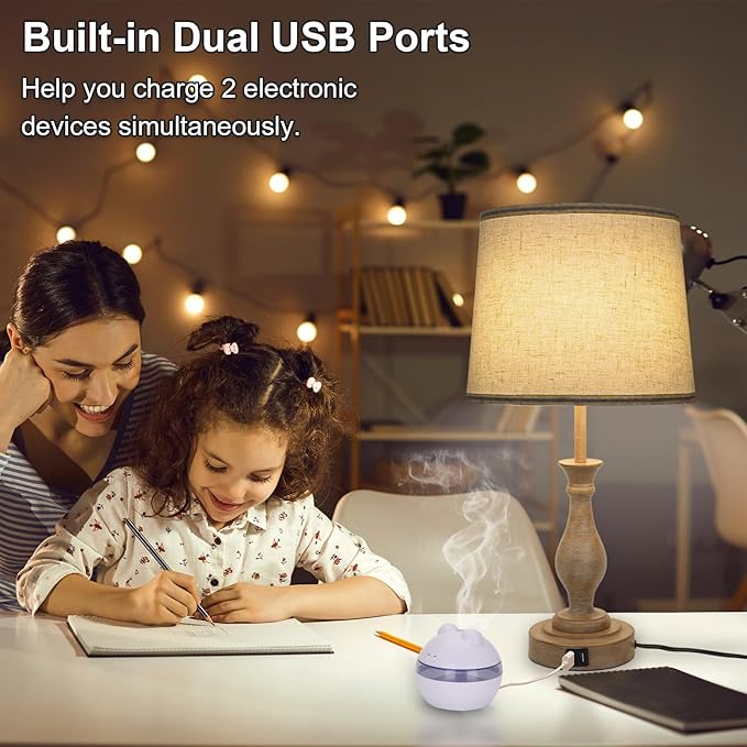 Touch Lamps for Bedrooms Set of 2, Farmhouse Table Lamp with Dual USB Charging Ports, 3 Way Dimmable Nightstand Lamps with Linen Fabric Lampshade for Bedroom (Pack 2-Beige Shade & Antique Brown)-Ruum Studio Home