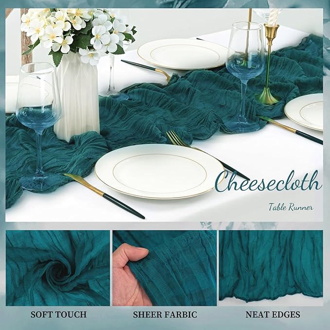 6 Pack Teal 10FT Cheesecloth Table Runner Rustic Gauze Cheese Cloth Table Runner for Wedding Bridal Baby Shower Table Decorations Boho Fabric Sheer Birthday Party Table Decor 20 x 120 Inch Long-Ruum Studio Home