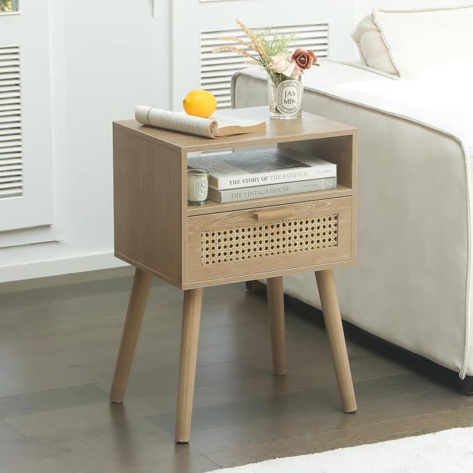 MaxSmeo Rattan Nightstand with Drawer, Mid Century Modern Wood Bedside Table for Living Room, Bedroom and Small Spaces (Rustic Walnut)-Ruum Studio Home