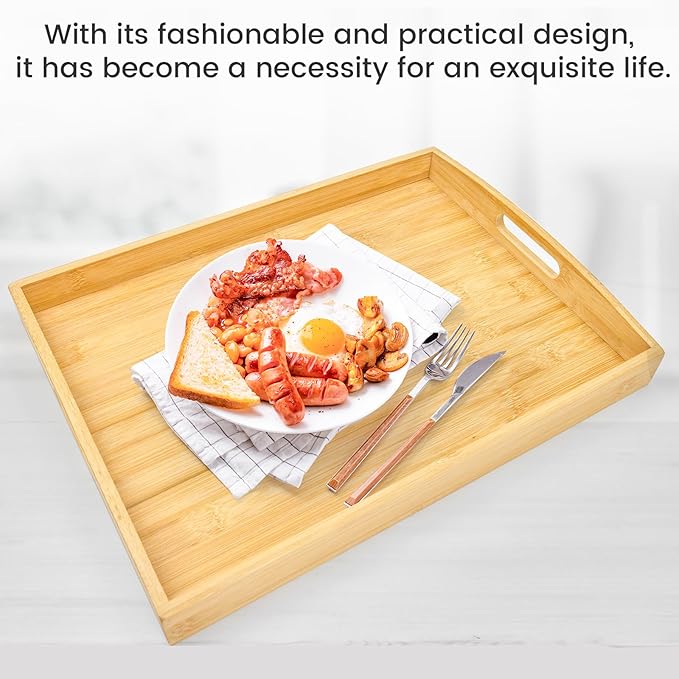 Bamboo Serving Tray with Handles Set of 2 - Decorative Wooden Trays for Eating, Working, and Storing, Suitable for Use in Bedroom, Living Room, Kitchen, Bathroom, Outdoor Scenarios and More-Ruum Studio Home