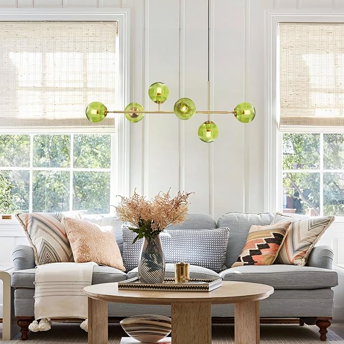 KCO Lighting 6 Green Glass Pendant Lights Kitchen Island Mid Century Modern Globe Sputnik Chandelier Brushed Gold Linear Island Light Fixture for Dining Room-Ruum Studio Home