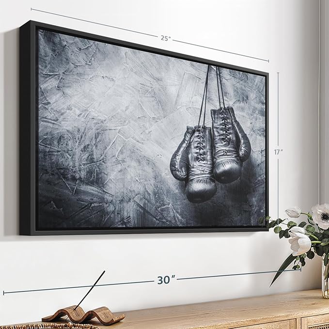 ElephantStock Boxing Gloves Wall Art - Horizontal Framed Canvas - 1-Piece Living Room Wall Decor - Photography Sports Canvas Print - Black and Gray Decor for Wall - 25" X 17"-Ruum Studio Home