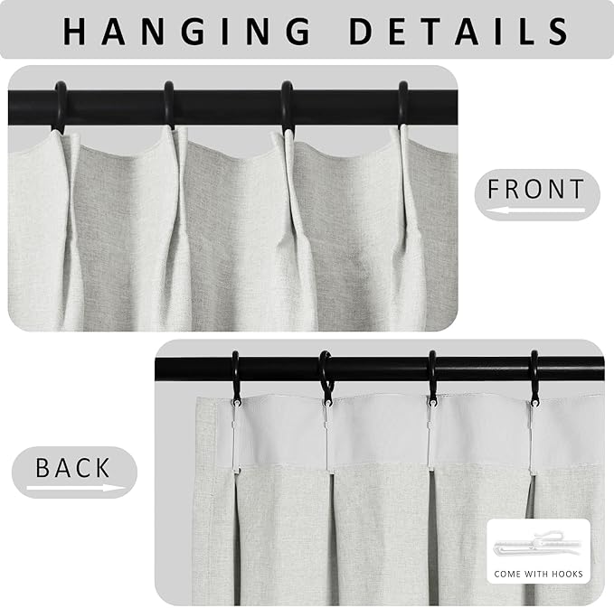 Macochico Pinch Pleated 100% Blackout Curtains Greyish White Linen Curtains for Bedroom Living Room Farmhouse Thermal Insulated Window Panels Pleated Curtains with Hooks and Tieback 52”Wx72”L 1 Panel-Ruum Studio Home