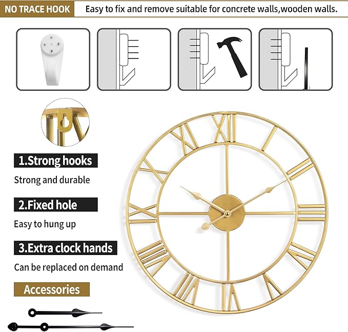 Large Wall Clock - 40cm/ 16 Inches Silent Non-Ticking, Battery Operated, Gold Vintage Decorative Modern Metal Wall Clocks for Living Room, Bedroom, Office, Farmhouse Decor-Ruum Studio Home