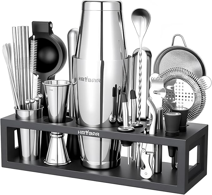 HMYBAR® Mixology Bartender kit | Cocktail Shaker Set | Boston Shaker Set, 20/28 OZ | Martini Making Set for Home Bar. Total 31 pcs incl 39-Recipe Cocktail Cards. Silver Tools. Bamb Stand Black Color-Ruum Studio Home
