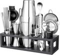 HMYBAR® Mixology Bartender kit | Cocktail Shaker Set | Boston Shaker Set, 20/28 OZ | Martini Making Set for Home Bar. Total 31 pcs incl 39-Recipe Cocktail Cards. Silver Tools. Bamb Stand Black Color-Ruum Studio Home
