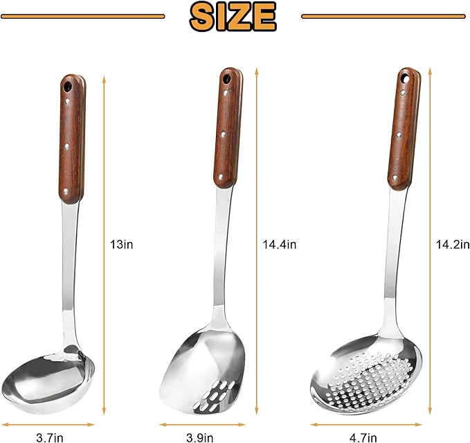 FJNATINH Stainless Steel Wok Spatula,Ladle,Skimmer Ladle Tool Set,Mirror Polished Cooking Utensils with Wooden Handle,Easy to Clean Wok Accessories,Sliver 3 PCS-Ruum Studio Home