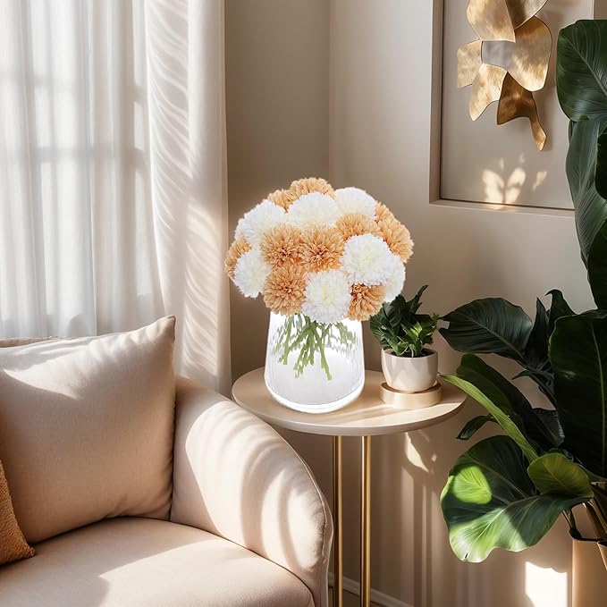 Kimura's Cabin 20Pcs Fake Mums Flowers Artificial Silk Chrysanthemum Faux Ball Flowers for Spring Wedding Arrangements Home Indoor Kitchen Table Centerpiece (White Champagne)-Ruum Studio Home