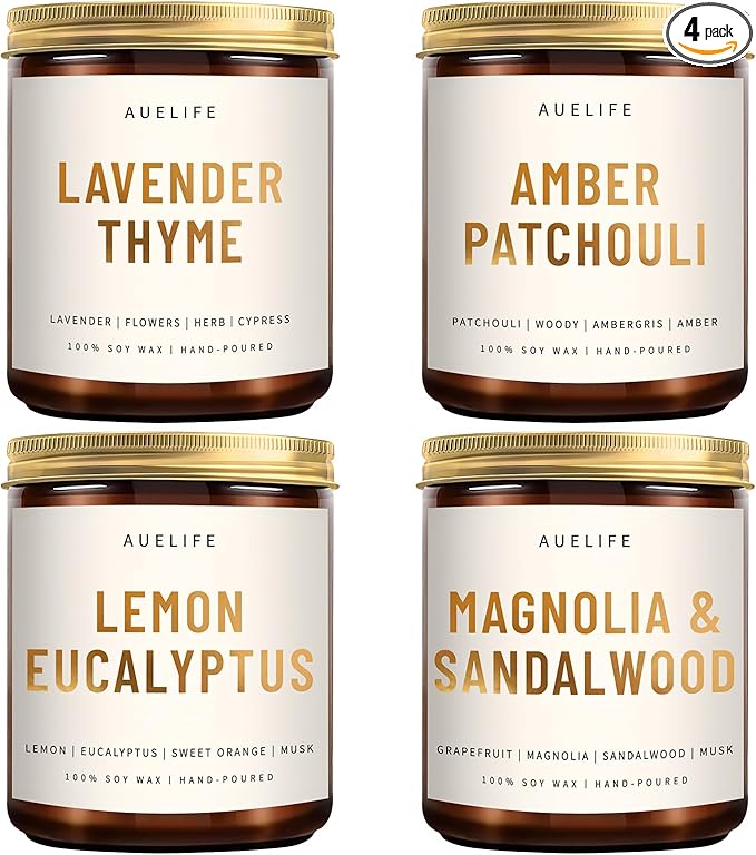 4 Pack Scented Candles Set | Scented Candles for Home, Candle Gifts for Women Men, Soy Candle for Home, Aromatherapy Gift of Amber Patchouli/Lemon Eucalyptus/Lavender/Sandalwood-Ruum Studio Home
