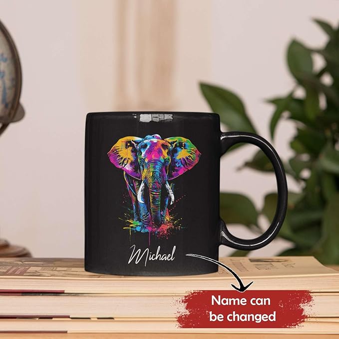 Elephant Coffee Mug 11oz 15oz, Personalized Name Animal Black Cup, Gift For Elephant Lovers, Custom Colorful Animal Design Mug, Gifts For Son Daughter On Birthday-Ruum Studio Home