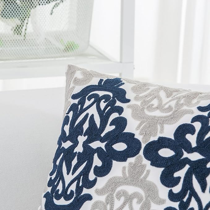 HWY 50 Navy Blue Decorative Throw Pillow Covers 18x18 Inch, Pack of 2 Embroidered Cotton Farmhouse Cushion Cover Pillow Case for Sofa Couch Living Room Bed Bedroon, Accent Geometric-Ruum Studio Home