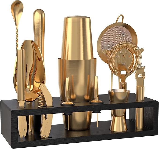 Highball & Chaser Bartender Kit with Black Bamboo Stand Beautiful Cocktail Shaker Set and Bar Tools Stainless Steel Boston Shaker Bartender Kit with Stand (Antique Gold)-Ruum Studio Home