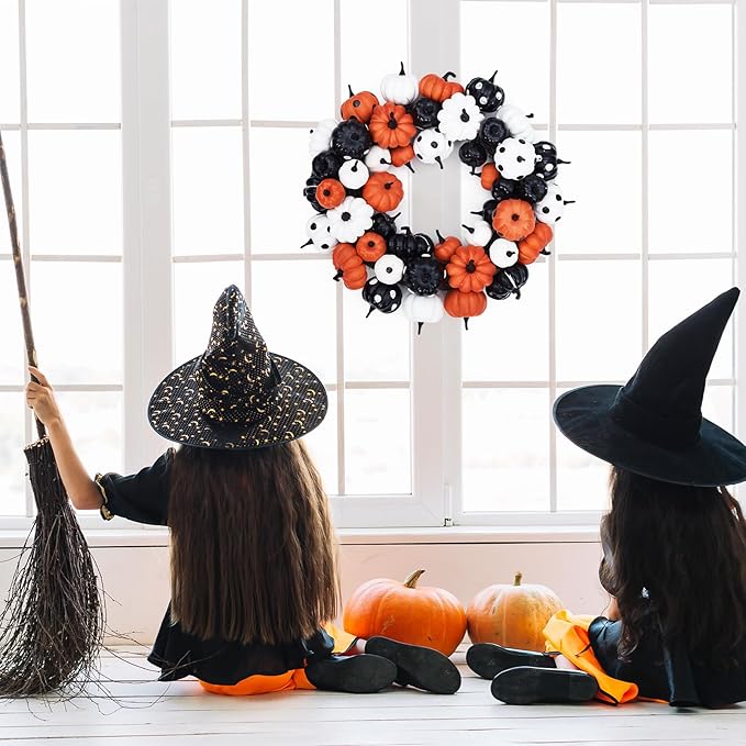 GarveeHome Halloween Pumpkin Wreath for Front Door, 18 Inch Fall Farmhouse Wreath with Orange, Black and White Pumpkins, Rattan Bottom Halloween Indoor Outdoor Home Party Decor-Ruum Studio Home