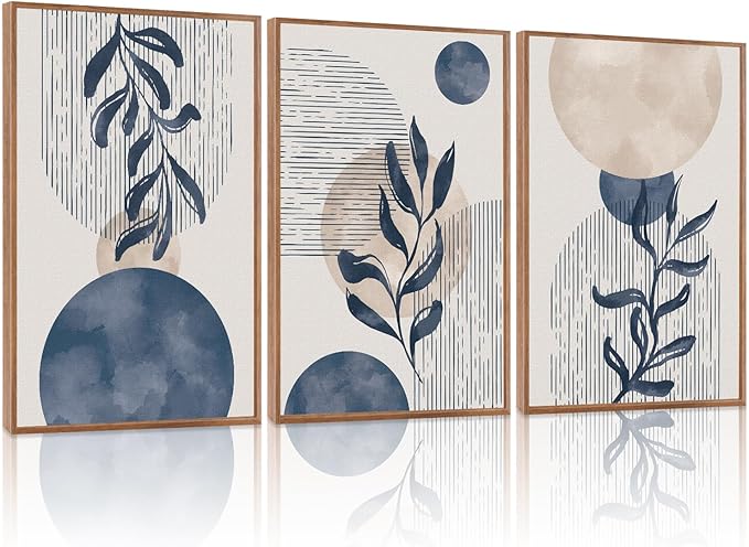KAIRNE Boho Plant Wall Art Set of 3,Blue Bohemain Framed Canvas,Abstract Geometric Line Wall Painting,Modern Nature Prints,Botanical and Moon Wall Art for Living Room Bedroom Office - 3Pieces,16”X24”-Ruum Studio Home