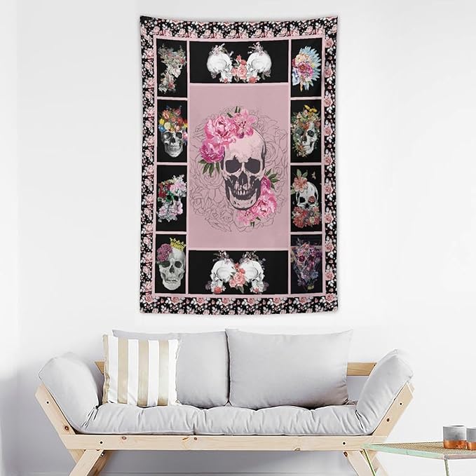 yowecso Sugar Skull Tapestry Horror Skeleton Tapestry Wall Hanging for Bedroom Rose Skull Tapestries Aesthetic Wall Decor for Home Dorm Living Room 40"x60"-Ruum Studio Home