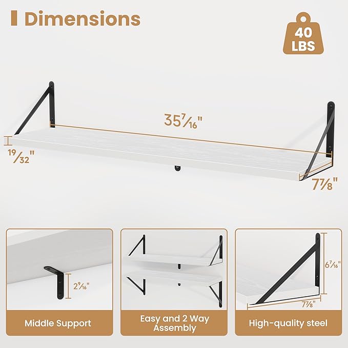 Heimlove 36 Inch White Floating Bookshelves Set of 3,Heavy Duty Wall Mounted Bookshelves,Wall Bookshelf for Living Room,Bedroom,Kitchen,Laundry Room Storage & Decor-Ruum Studio Home