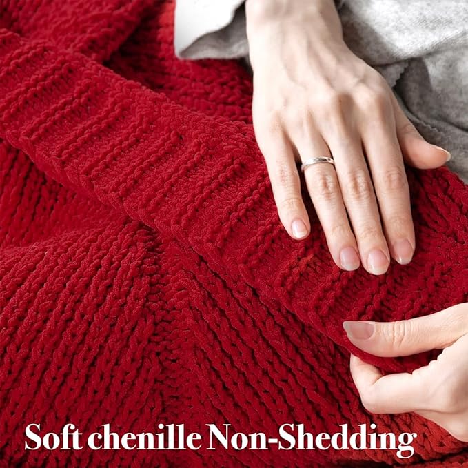Amélie Home Chenille Knit Throw Blanket for Couch, Chevron Texture Decorative Soft Blanket for Sofa, Bed & Chair, 50"x60", Red-Ruum Studio Home