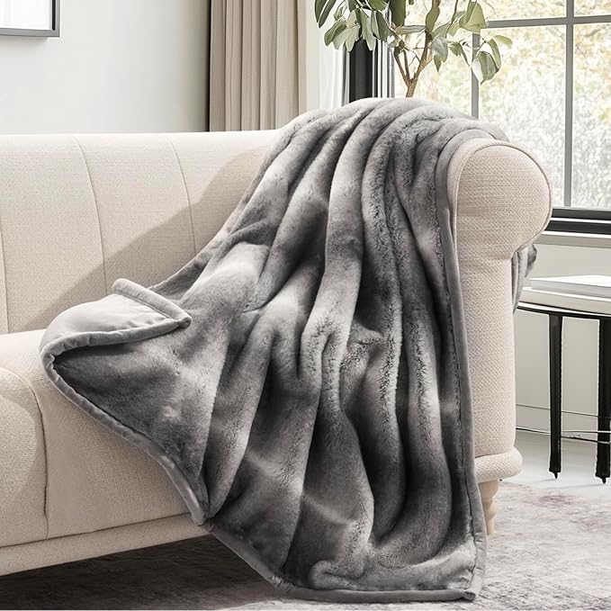Ultra Soft Luxury Fluffy Mink Faux Fur Throw Blanket, Thick Warm Fall Winter Blankets for Bed, Couch, Cozy Plush Reversible Blanket for Chair, Sofa (Ombré Silver Onyx, 60"x80")-Ruum Studio Home