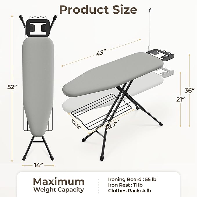 Yaheetech Ironing Board, Compact Iron Board with Cord Holder, Steam Iron Rest and Bottom Storage Tray, 9 Adjustable Heights & 3 Layer Cover, Folding Heavy Duty Ironing Board 52X14, Gray-Ruum Studio Home