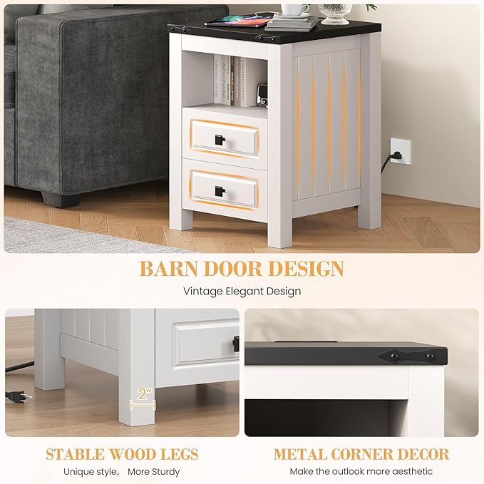 Apicizon End Table Set of 2, Farmhouse End Tables with Charging Station, Nightstand with Drawers and Storage Cabinet, Small Coffee Table for Small Spaces, Sofa Side Table for Living Room, Bedroom-Ruum Studio Home