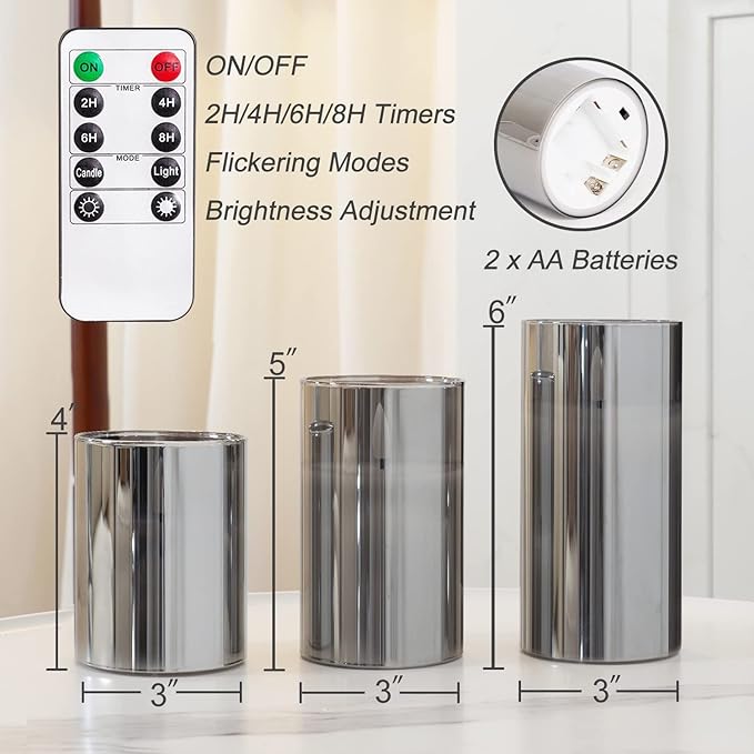 Homemory Grey Glass Flameless Candles, Battery Operated LED Pillar Candles with Remote Control and Timer, Radiance Candles, Real Wax, Set of 3,D3 xH4 5" 6"-Ruum Studio Home