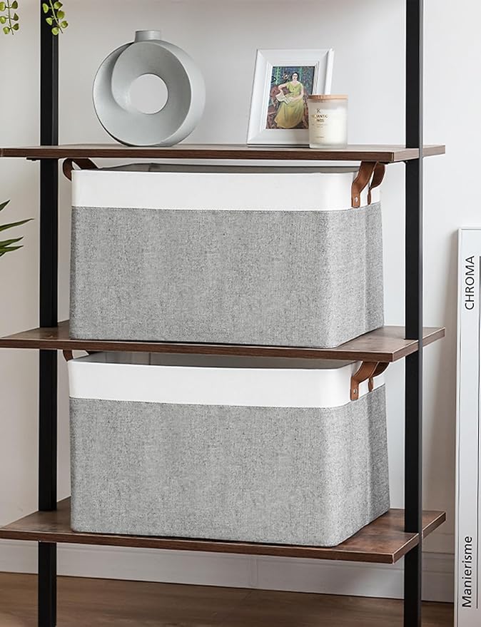 StorageWorks Storage Bins, Fabric Storage Bins for Shelves, Extra Large Storage Baskets with Metal Frame, Closet Baskets and Bins with Handles, Jumbo, Gray and White, 2-Pack-Ruum Studio Home