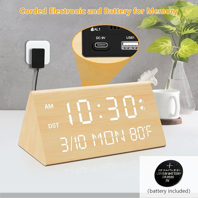 Kogonee Wooden Digital Alarm Clock, 0-100% Dimmer, 2 Alarm Settings, Weekday/Everyday Mode, 9 Mins Snooze, 12/24H, Temperature and Date Display for Office, Travel, Bedroom Alarm Clock (Bamboo)-Ruum Studio Home