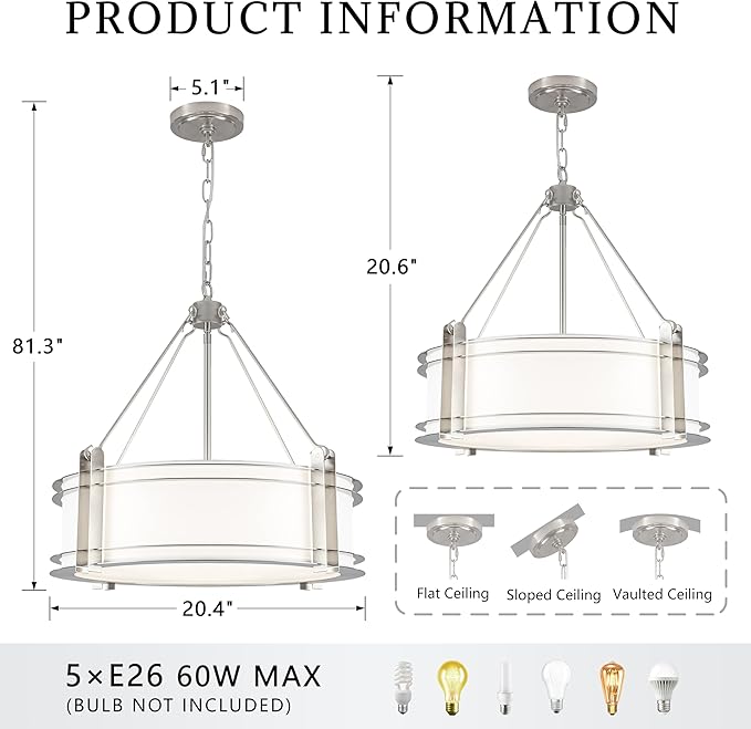 20.4''Drum Chandelier,5-Light Brushed Nickel Modern White Fabric Chandeliers,Farmhouse Round Pendant Light Fixture for Dining Room Kitchen Island Living Room Bedroom Hallway-Ruum Studio Home