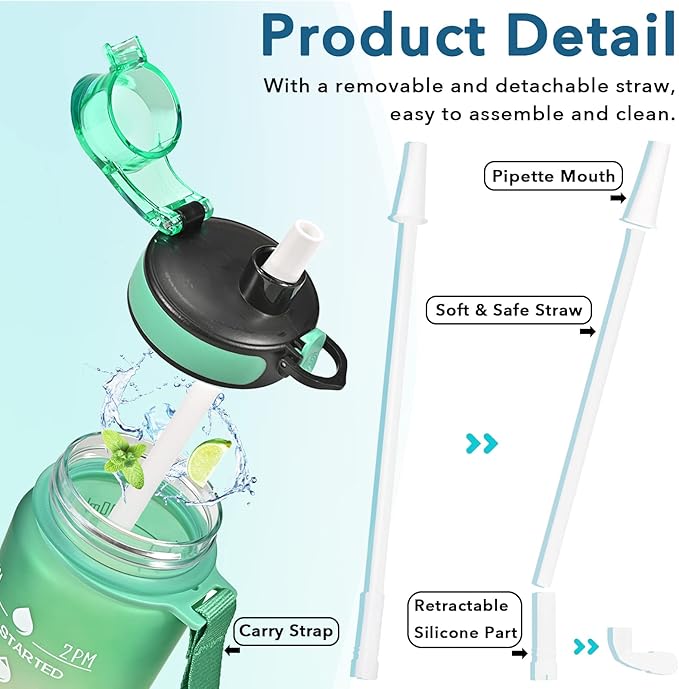 Enerbone Water Bottle, Leakproof BPA & Toxic Free, Motivational Water Bottle with Times to Drink and Straw, Fitness Sports Water Bottle with Strap for Office, Gym, Outdoor Sports-Ruum Studio Home