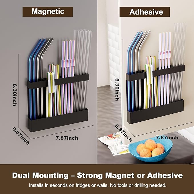 Magnetic & Adhesive Straw Organizer – Carbon Steel Utensil Holder for Reusable Straws, Chopsticks & Stirrers – Wall or Fridge Mount, Space-Saving Black Storage Rack-Ruum Studio Home