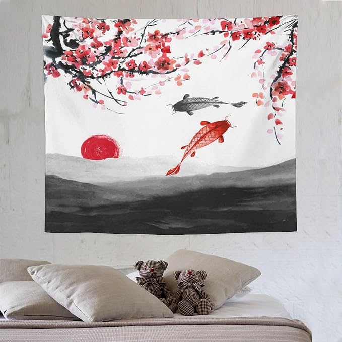 Houselerax Japanese Koi Fish Tapestries, Cherry Blossoms Asian Oriental Flower Branch Koi Fish Carp Tapestry Wall Hanging for Bedroom Living Room Office Decor 60"x50"-Ruum Studio Home