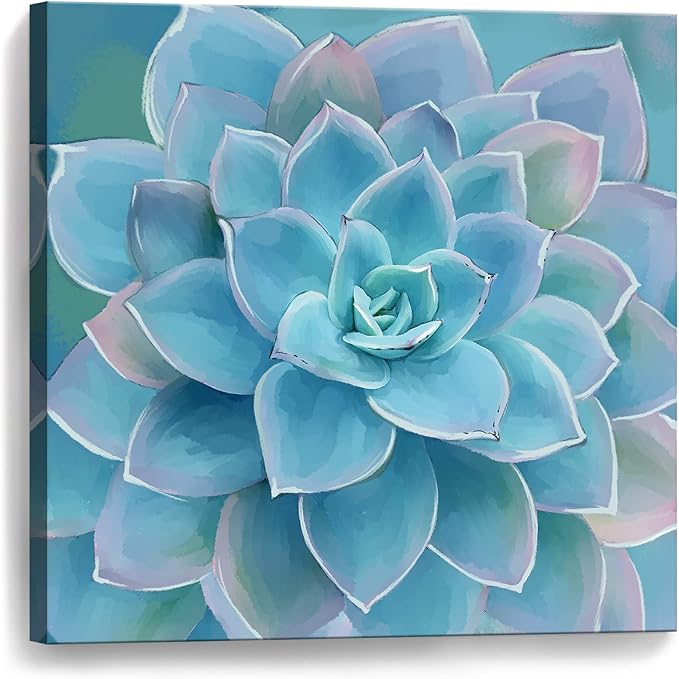 Wall Decor for Bedroom Canvas Artwork Blue-Green Succulents Prints Pictures Wall Art for Living Room Hanging Plants for Bedroom Decor Modern Popular Wall Decorations Blue-Green Flower Size 20x20-Ruum Studio Home