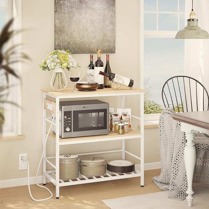 IBUYKE Kitchen Island with Storage, Bakers Rack with Power Outlet,Microwave Stand with Large Worktop,Rolling Bar Cart for Home, Outdoor, Kitchen,Light Wood TMJ029R-Ruum Studio Home