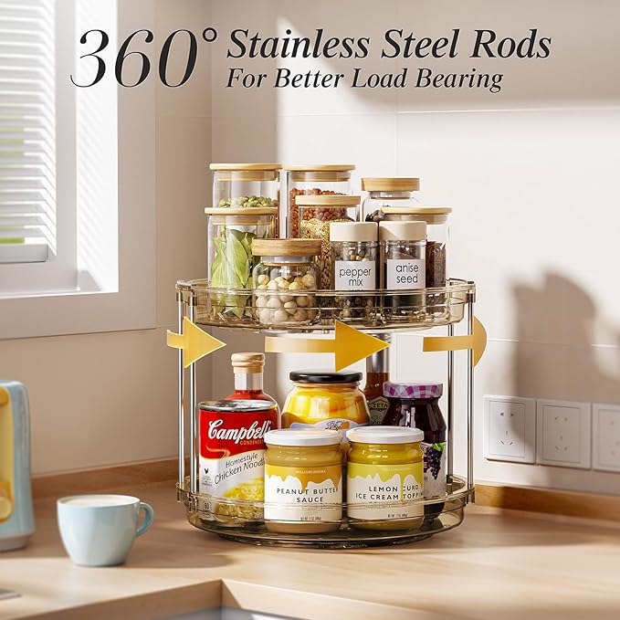 LAMU 2 Pack 2 Tier Lazy Susan Turntable Organizer 10.6'' Rotating Spice Rack Organization for Cabinet, Kitchen, Pantry, Countertop, Bathroom, Vanity, Medicine Cabinet Organizer, Amber-Ruum Studio Home