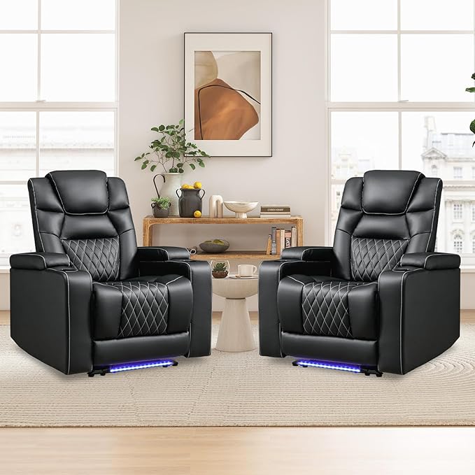 ANJ Power Home Theater Recliner Chair Set of 2, Electric Movie Theater Seating Reclining Chairs with Cup Holders for Living Room, Faux Leather with Blue LED, USB Ports, Hidden Arm Storage (Black)-Ruum Studio Home