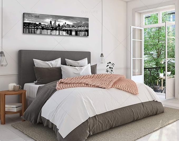 DJSYLIFE-Portland Skyline Canvas Print Modern City Landscape Wall Art USA Skyscraper Black and White Panoramic Night View Painting Office Living Room Home Decor Ready to Hang 13.8"x47.3"-Ruum Studio Home