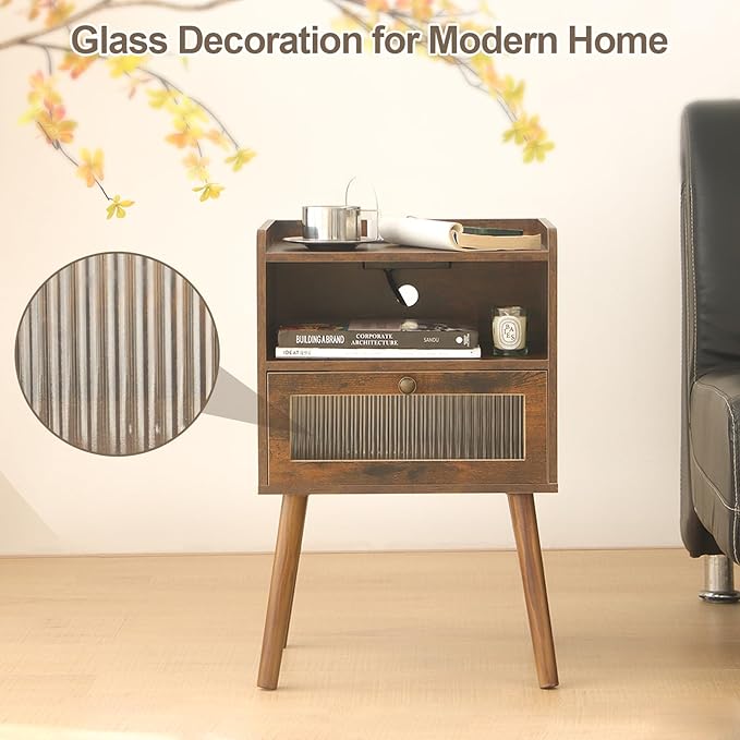 AWASEN Mid Century Night Stand with Charging Station, Wood Bedside Table with Glass Drawer, Small Modern Nightstand End Side Table with 2 Tiers Storage for Bedroom, Office(Rustic Brown)-Ruum Studio Home
