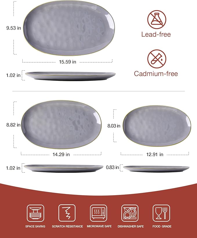 famiware Serving Platter, Oval 15.59/14.3/12.9 inch Serving Dishes for Entertaining, Serving Bowls, Microwave Safe, Fine Stonware Serving Trays for Party, Turkey, Cheese, Ocean Series, Dark Grey-Ruum Studio Home