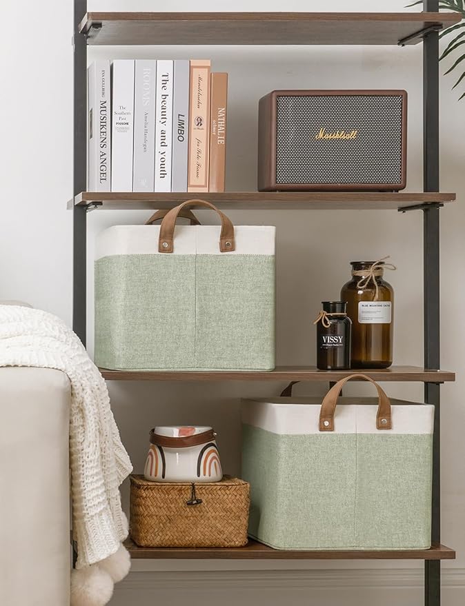 StorageWorks Storage Bins, Fabric Storage Bins for Shelves, Large Storage Baskets with Metal Frame, Closet Baskets and Bins with Handles, Green and White, 2-Pack-Ruum Studio Home