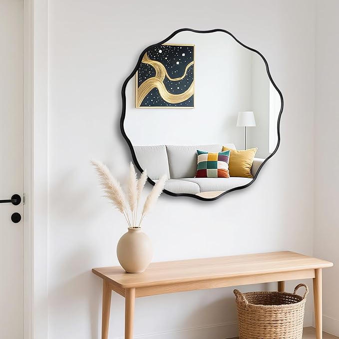 Fabuady Black Round Wavy Edge Mirror - 24'' Circle Wall Mirror with Metal Frame, Decorative Hanging/Leaning Mirror for Bathroom, Bedroom, Living Room, Hallway, Entryway, Office, Home Decor-Ruum Studio Home